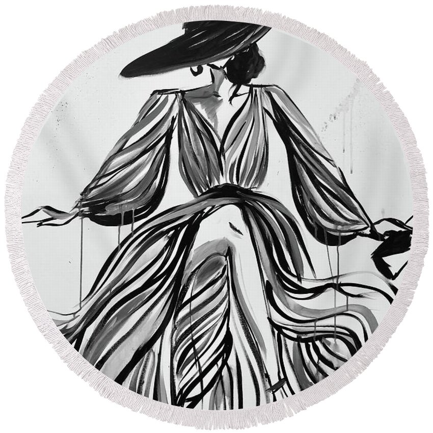 Fashion Glamour Black And White Dress Met Gala Derby Acrylic Painting Women Woman Empowerment Abstract Modern Round Beach Towel featuring the painting Chloe by Meredith Palmer