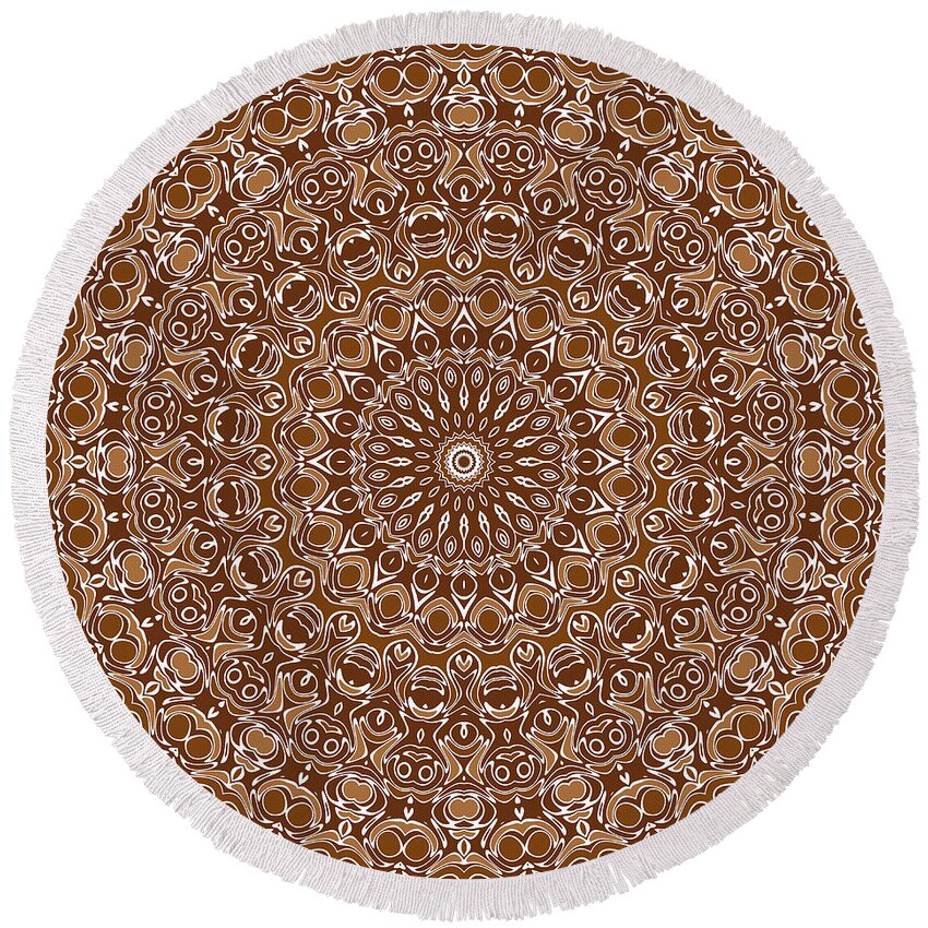 Chocolate Brown Round Beach Towel featuring the digital art Chocolate Brown Mandala Kaleidoscope Medallion Design by Mercury McCutcheon