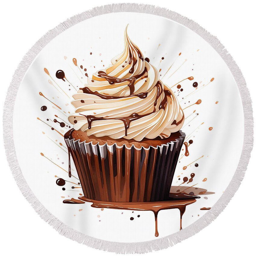 Colorful Cupcake Artwork Round Beach Towel featuring the photograph Chocolate Cupcake with Buttercream Frosting Art by Lourry Legarde