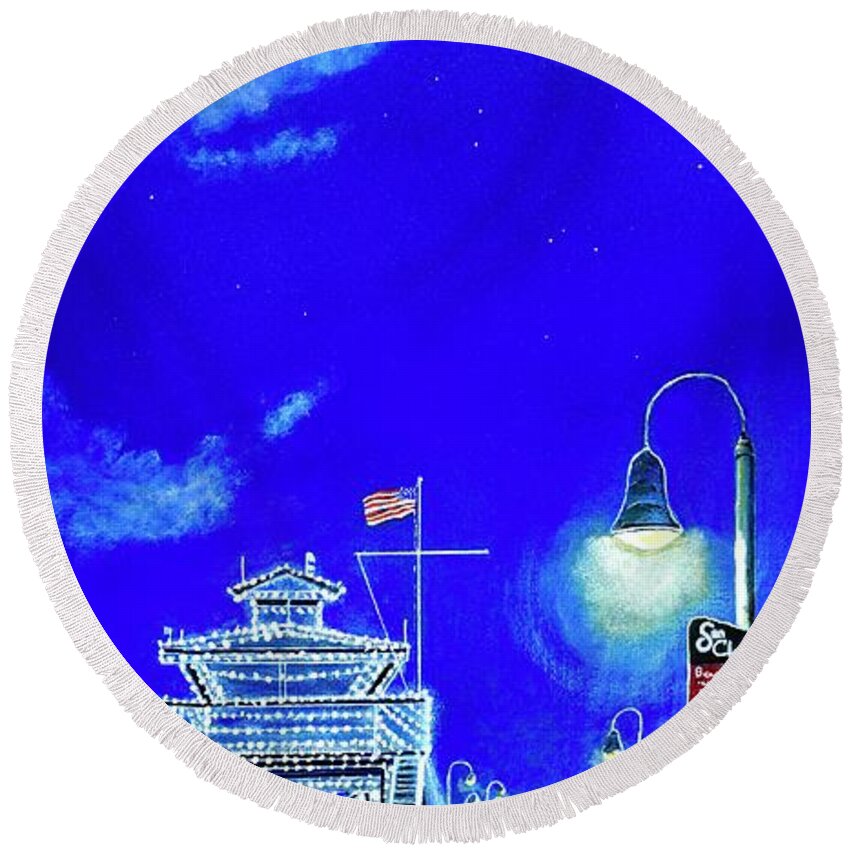 Pier Round Beach Towel featuring the painting Christmas at San Clemente by Mary Scott