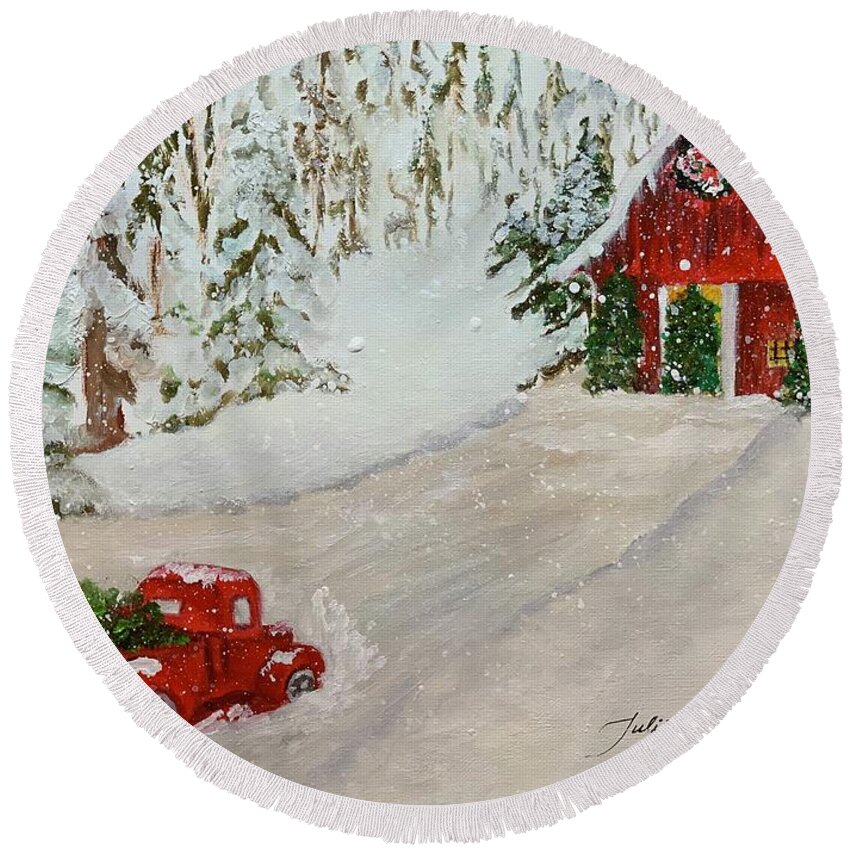 Red Truck Round Beach Towel featuring the painting Christmas at the Tree Barn by Juliette Becker