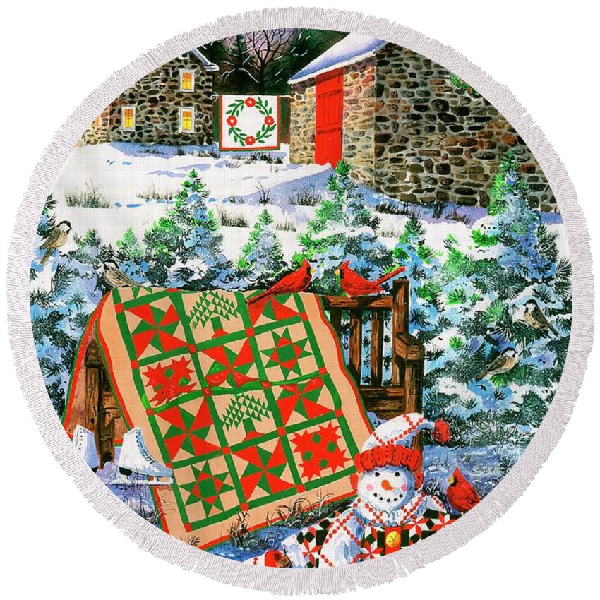 Christmas Round Beach Towel featuring the painting Christmas Cheer by Diane Phalen