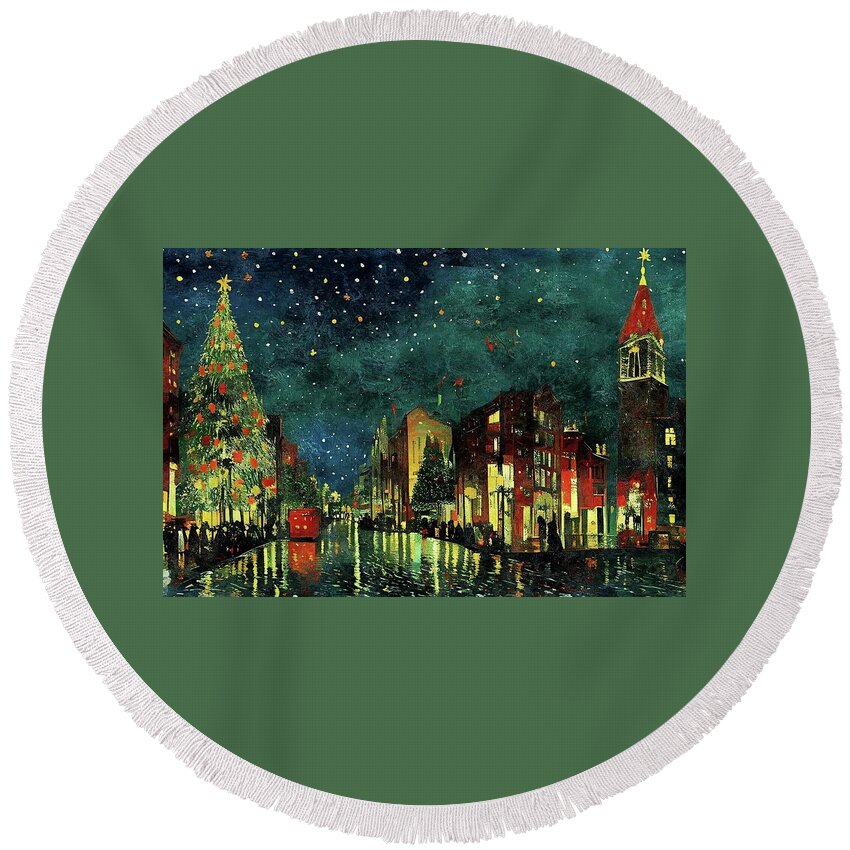 Christmas Round Beach Towel featuring the digital art Christmas City Night by Ally White