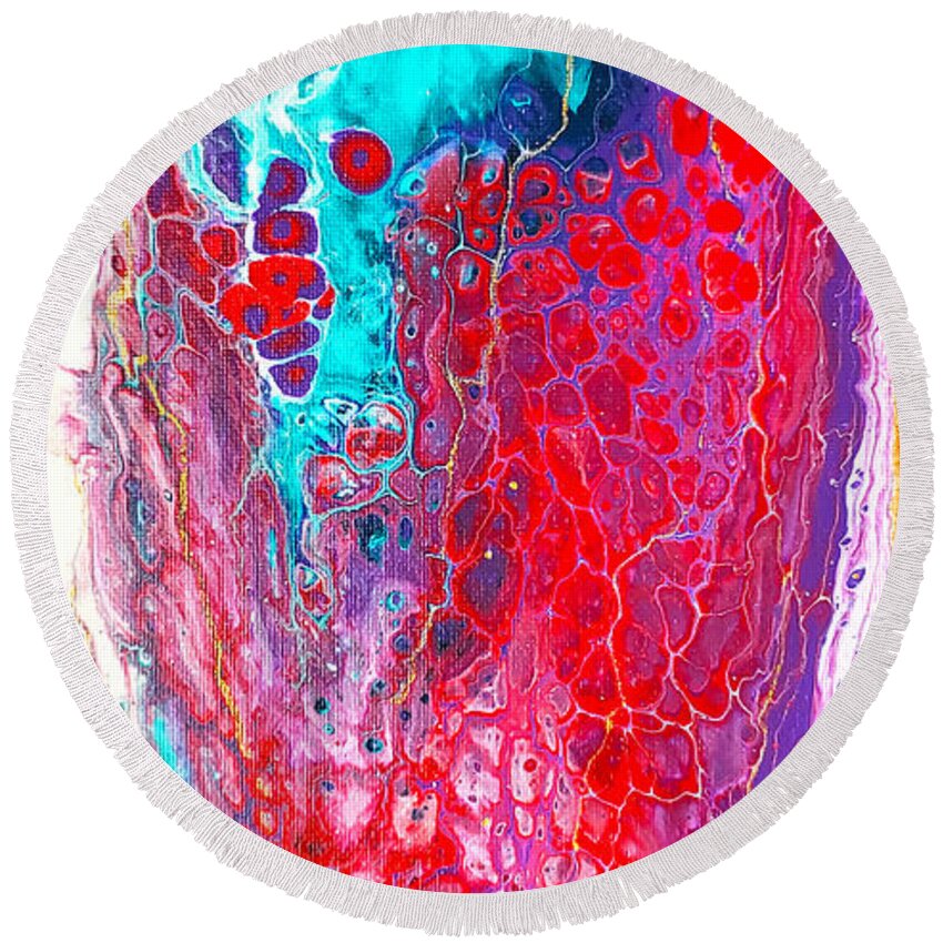 Abstract Round Beach Towel featuring the painting Coral Cheers by Christine Bolden
