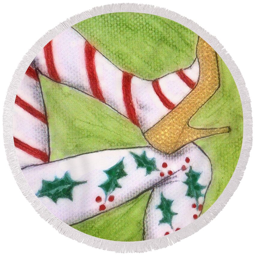 Christmas Round Beach Towel featuring the drawing Christmas Legs by Jayne Somogy