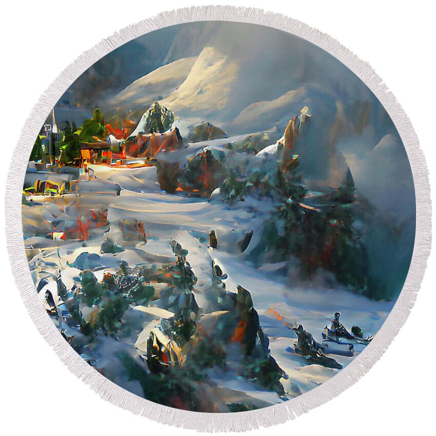 A Fantasy/impressionistic World In The Mountains On Christmas Eve.  Round Beach Towel featuring the digital art Christmas on the Mountain by Rod Melotte