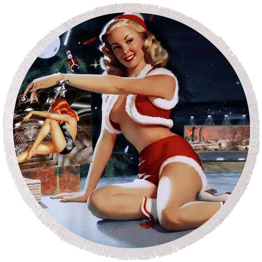 Christmas Pinup Round Beach Towel featuring the painting Christmas Pinup by Bill Medcalf Art Old Masters Xzendor7 Reproductions by Rolando Burbon