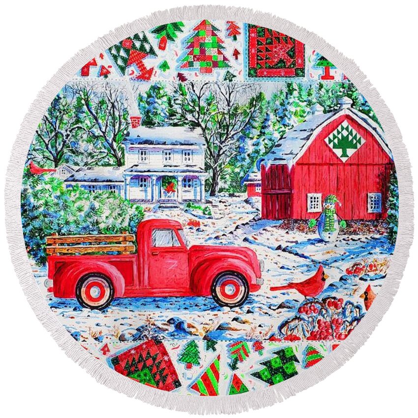 Christmas Round Beach Towel featuring the painting Christmas Red Truck by Diane Phalen