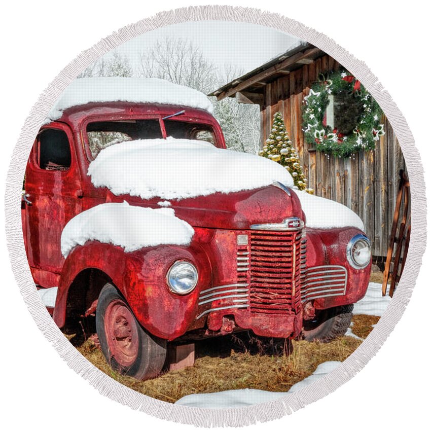 Truck Round Beach Towel featuring the photograph Christmas Rust in the Snow by Debra and Dave Vanderlaan