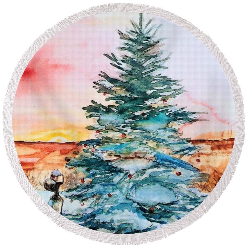 Christmas Tree Round Beach Towel featuring the painting Christmas Sunrise by Deb Stroh-Larson