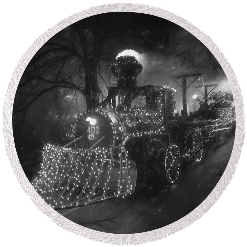 Christmas Round Beach Towel featuring the photograph Christmas Train Painting Black and White by Debra and Dave Vanderlaan