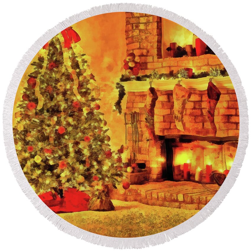 Christmas Tree 27 Round Beach Towel featuring the painting Christmas tree 27 by George Rossidis