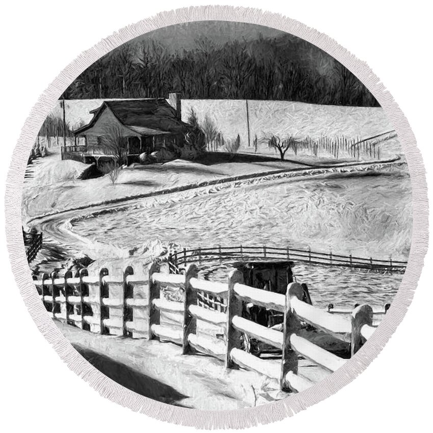 North Carolina Round Beach Towel featuring the photograph Christmas Tree Ranch in Snow bw by Dan Carmichael