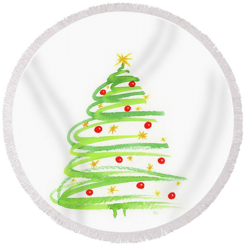 Christmas Round Beach Towel featuring the painting Christmas tree with decoration by Karen Kaspar