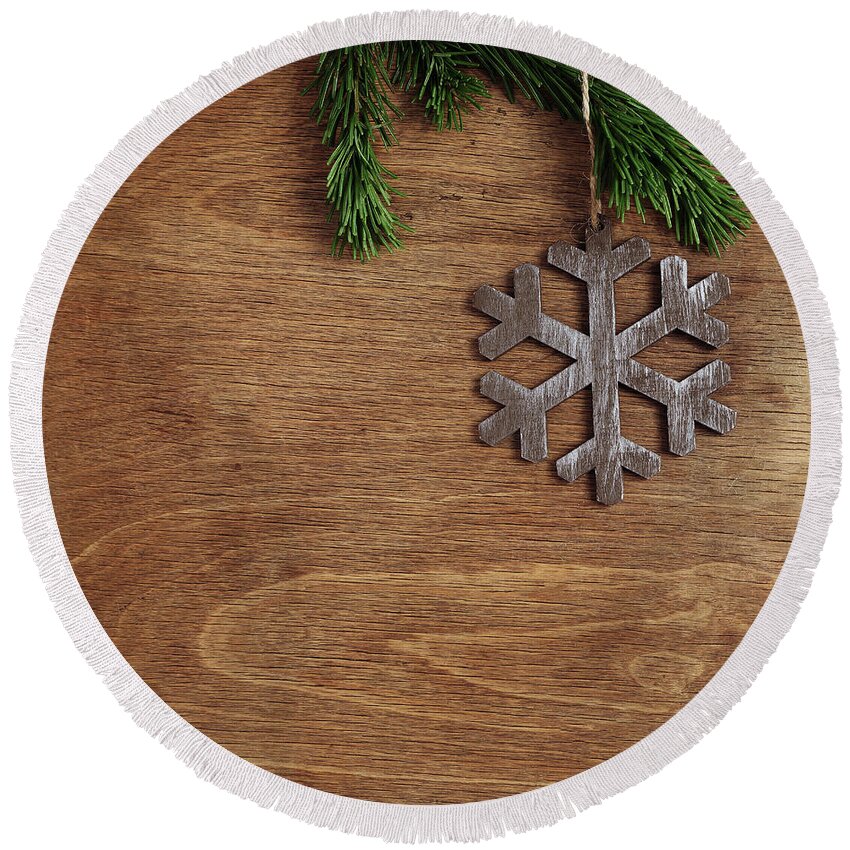 Christmas Round Beach Towel featuring the mixed media Christmas Wooden Background With Snowflake by Mikhail Kokhanchikov