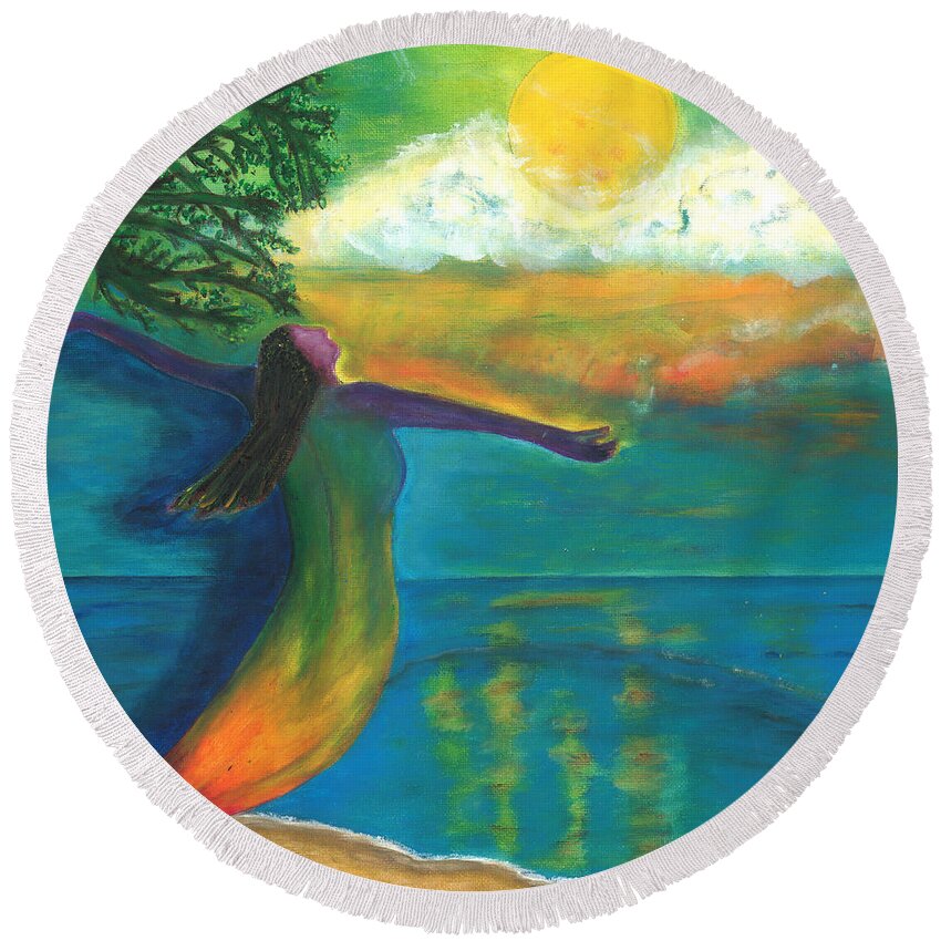 Awakening Round Beach Towel featuring the painting Chronicles of an Awakening Soul by Esoteric Gardens KN