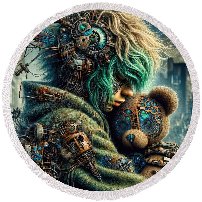 Chronos Round Beach Towel featuring the digital art Chrono Child and her Teddy by Bill And Linda Tiepelman