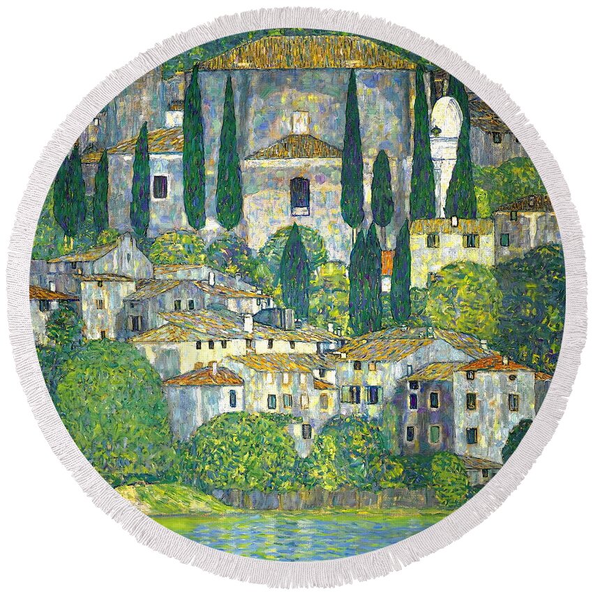 Church In Cassone Round Beach Towel featuring the painting Church in Cassone. Landscape with Cypress by Gustav Klimt