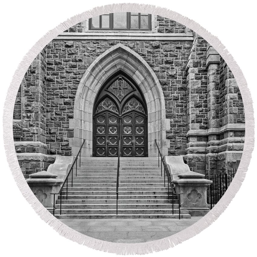 Church Of Saint Mary Round Beach Towel featuring the photograph Church Of Saint Mary Yale BW by Susan Candelario