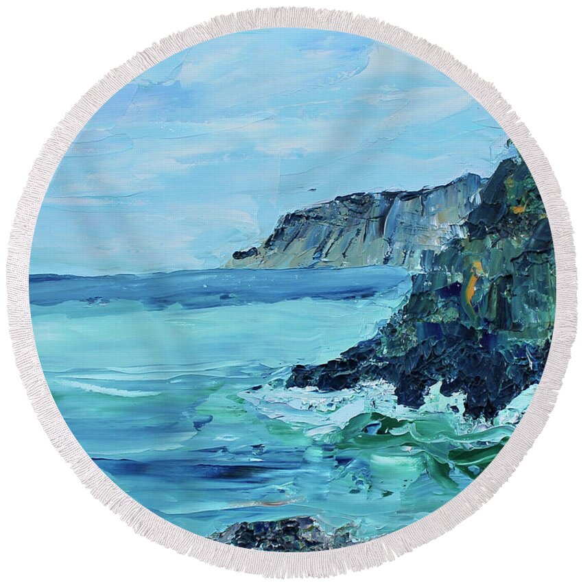 Seascape Round Beach Towel featuring the painting Cinque Terre 1 by Teresa Moerer