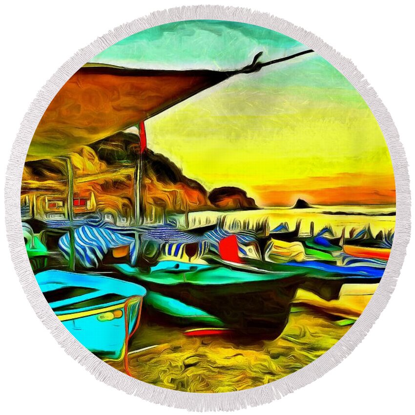 Cinque Terre Round Beach Towel featuring the photograph Cinque Terre Colorful Boats by Sea Change Vibes