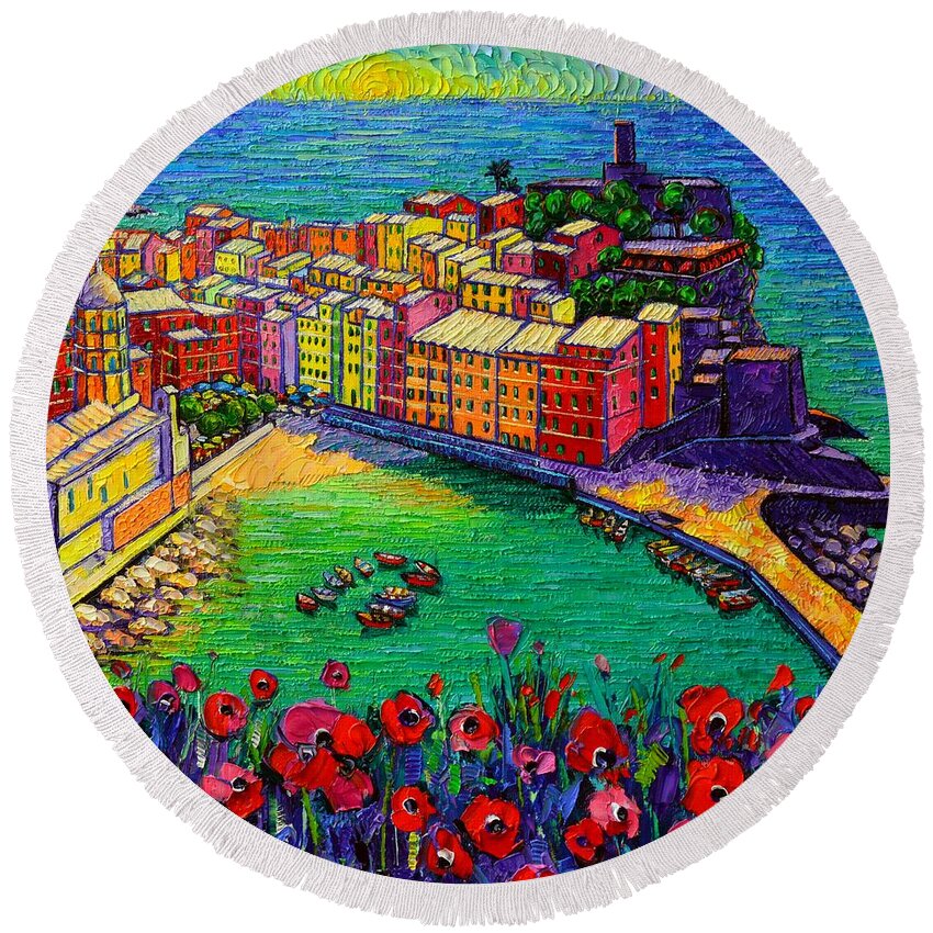 Cinque Round Beach Towel featuring the painting Cinque Terre Vernazza Poppies by Ana Maria Edulescu