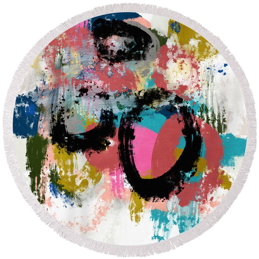 Abstract Round Beach Towel featuring the mixed media Cirklar 2- Art by Linda Woods by Linda Woods
