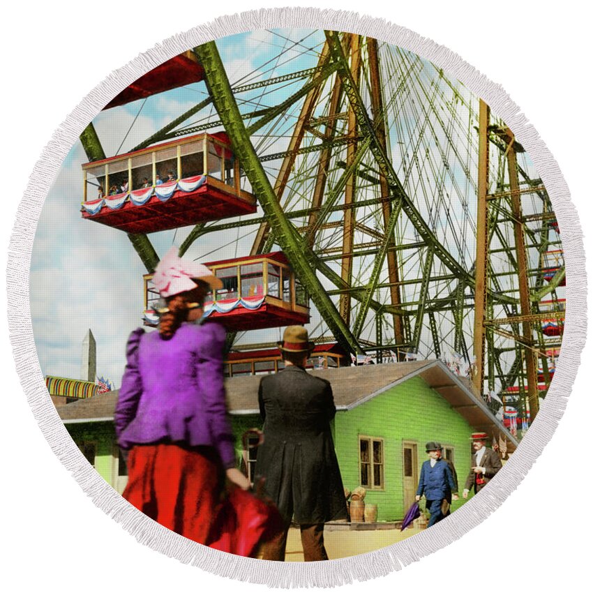 Chicago Round Beach Towel featuring the photograph City - Chicago,IL - Fair - The first Ferris Wheel 1893 by Mike Savad