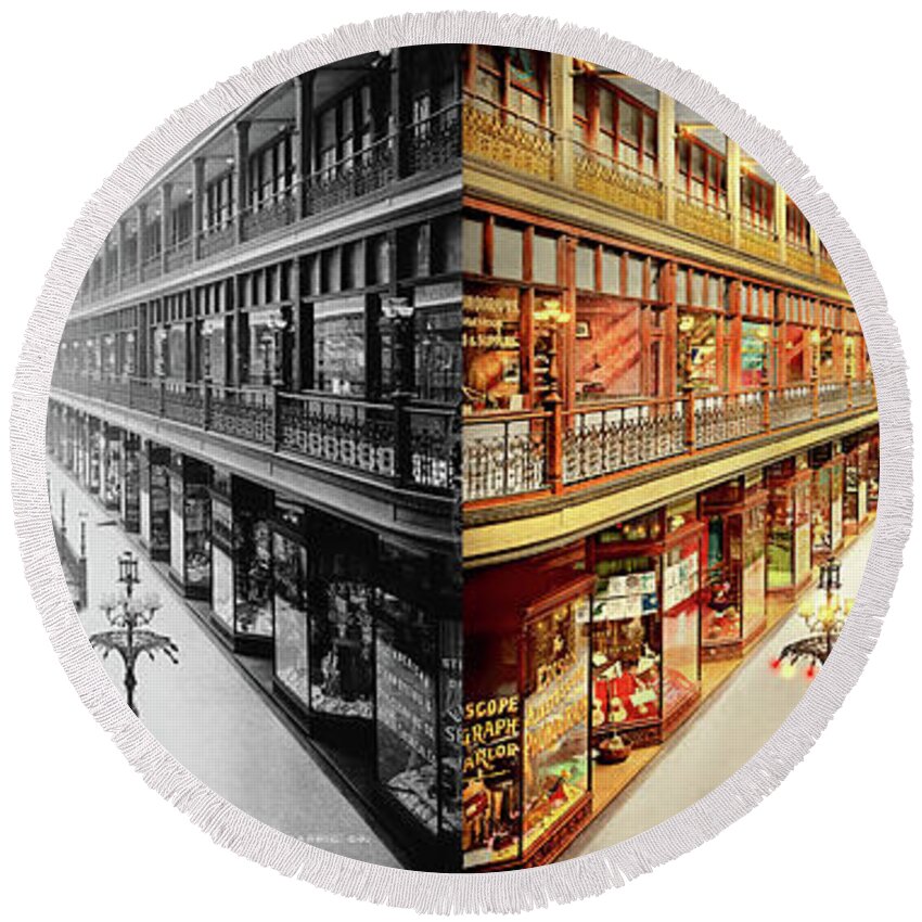 Ohio Round Beach Towel featuring the photograph City - Cleveland, OH - The Cleveland Arcade 1901 - Side by Side by Mike Savad