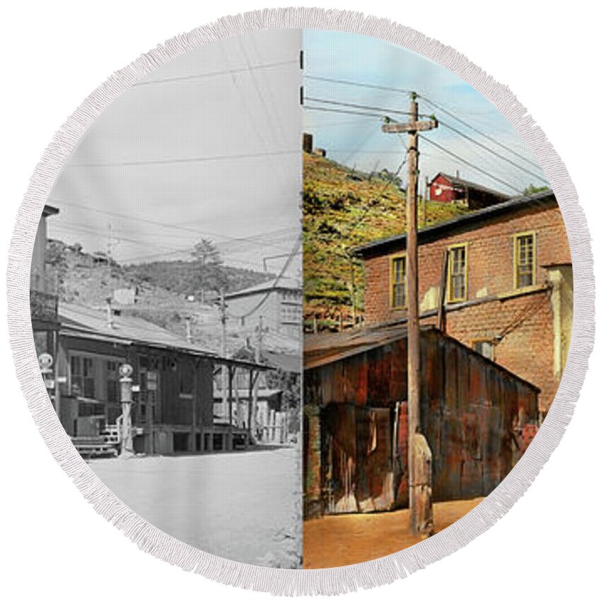 New Mexico Round Beach Towel featuring the photograph City - Mogollon, NM - The Meat Market on Main 1940 - Side by Side by Mike Savad