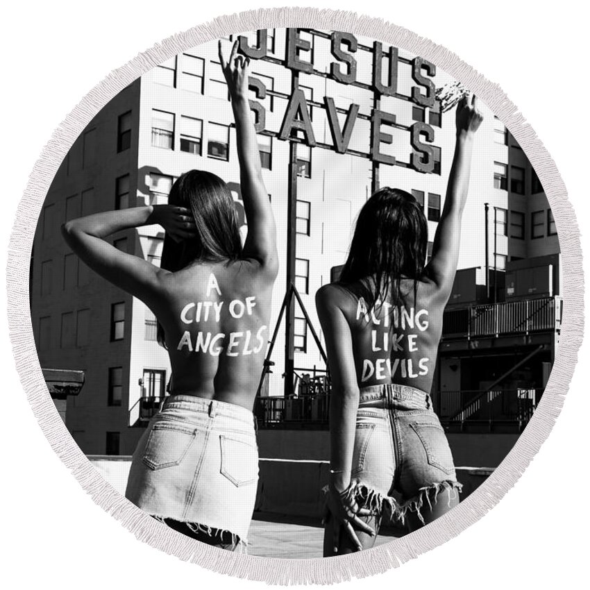 Black And White Round Beach Towel featuring the photograph City of Angels by Brendan North