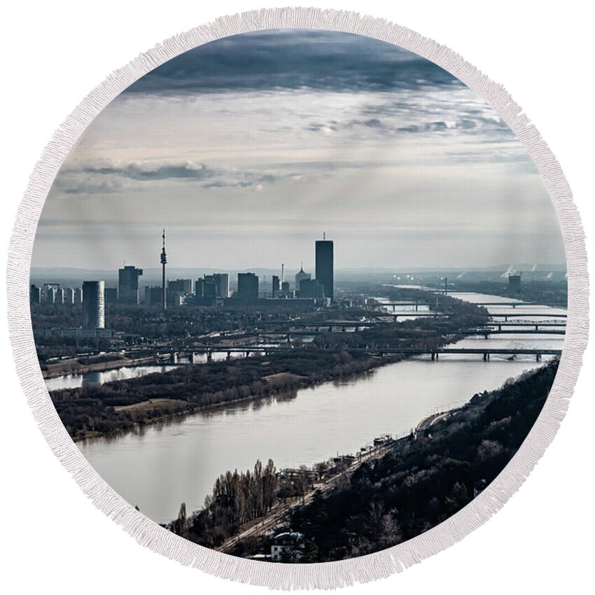 Aerial Round Beach Towel featuring the photograph City Of Vienna With Suburbs And River Danube In Austria by Andreas Berthold