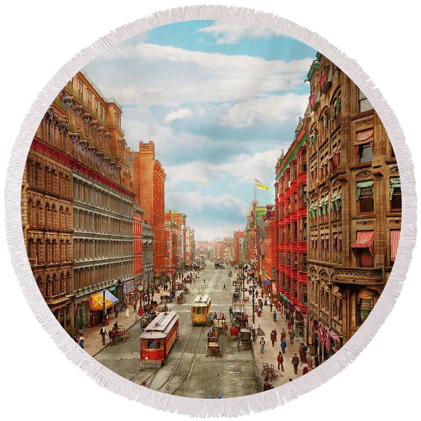 Rochester Round Beach Towel featuring the photograph City - Rochester NY - Downtown Rochester 1904 by Mike Savad