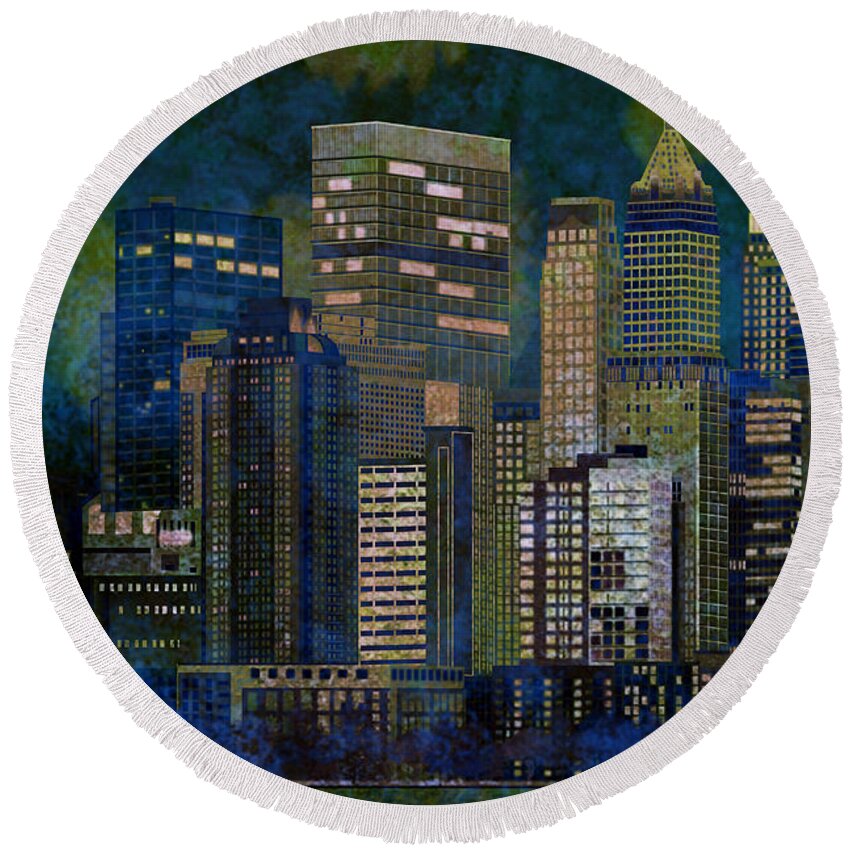 City Round Beach Towel featuring the mixed media City Skyline by Ally White
