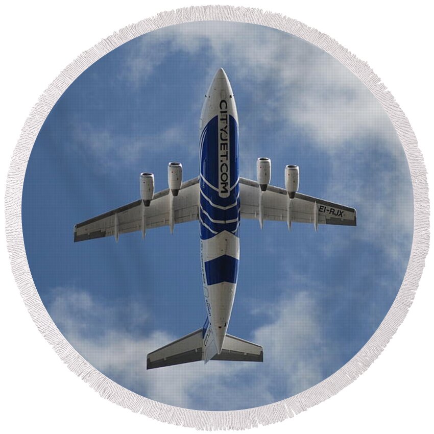 Cityjet.com Round Beach Towel featuring the photograph CityJet by Neil R Finlay