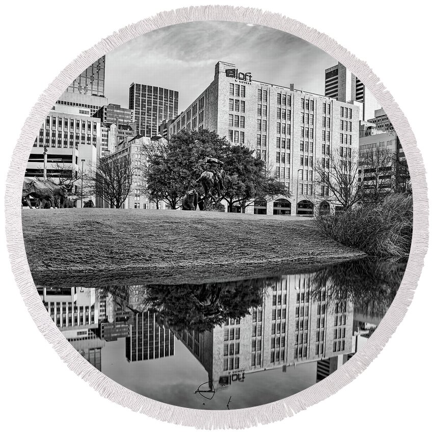 Dallas Texas Round Beach Towel featuring the photograph Cityscape Reflections Of Dallas Texas - Black and White by Gregory Ballos