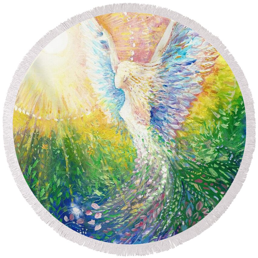 Light Round Beach Towel featuring the painting Clad in the Light by Merana Cadorette