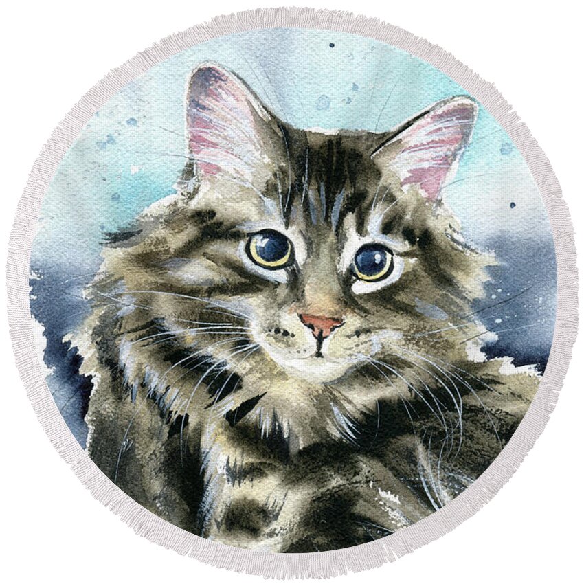Cats Round Beach Towel featuring the painting Clancy Fluffy Cat Painting by Dora Hathazi Mendes