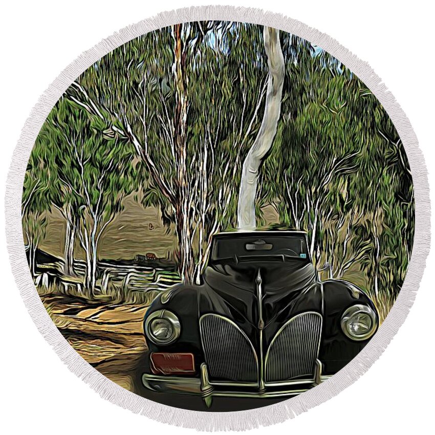 Classic Cars Round Beach Towel featuring the mixed media Classic Lincoln Zephyr Convertible Coupe 1940s Homestead Entry by Joan Stratton