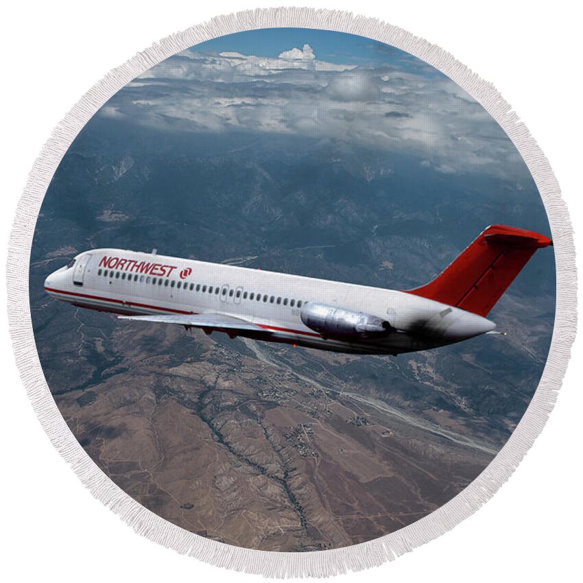 Northwest Orient Airlines Round Beach Towel featuring the mixed media Classic Northwest Airlines DC-9 by Erik Simonsen