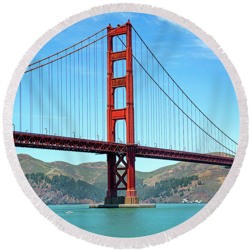 Golden Gate Bridge Round Beach Towel featuring the photograph Classic South Tower Golden Gate Bridge by Bonnie Follett