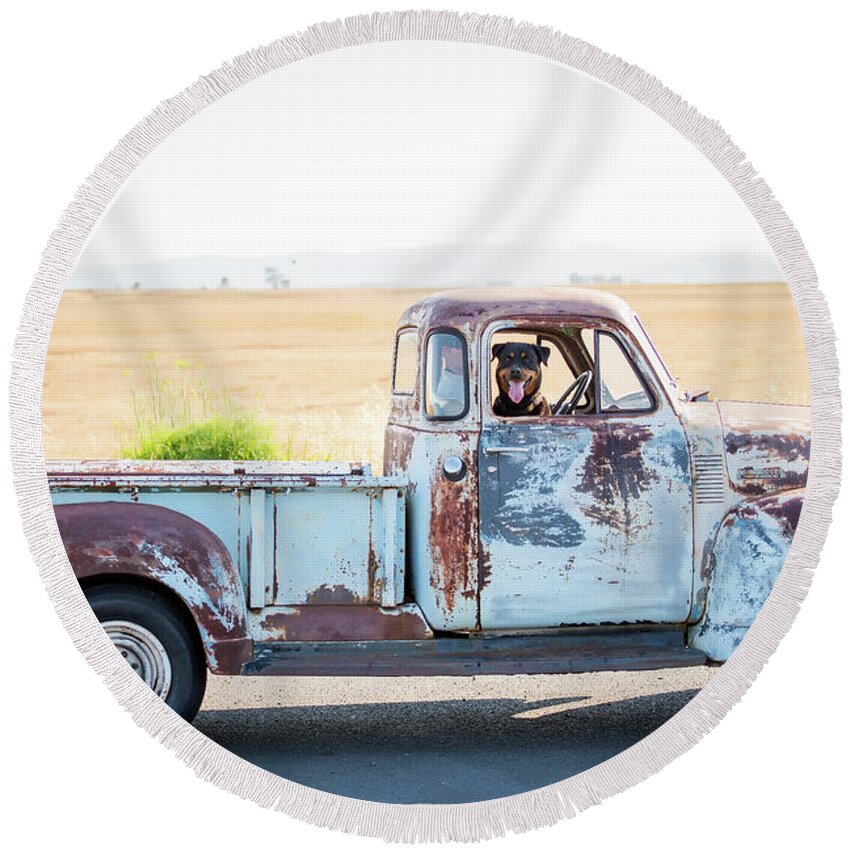 Classic Truck Round Beach Towel featuring the photograph Classic Truck and Man's best friend by Aileen Savage