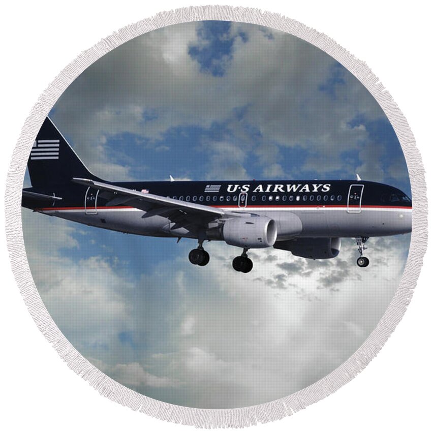 Us Airways Round Beach Towel featuring the photograph Classic US Airways Airbus A319 by Erik Simonsen