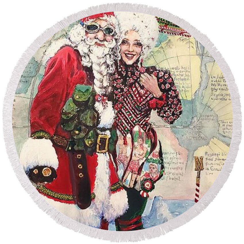 Santa Round Beach Towel featuring the painting Claus's Dirigible Delivery by Merana Cadorette