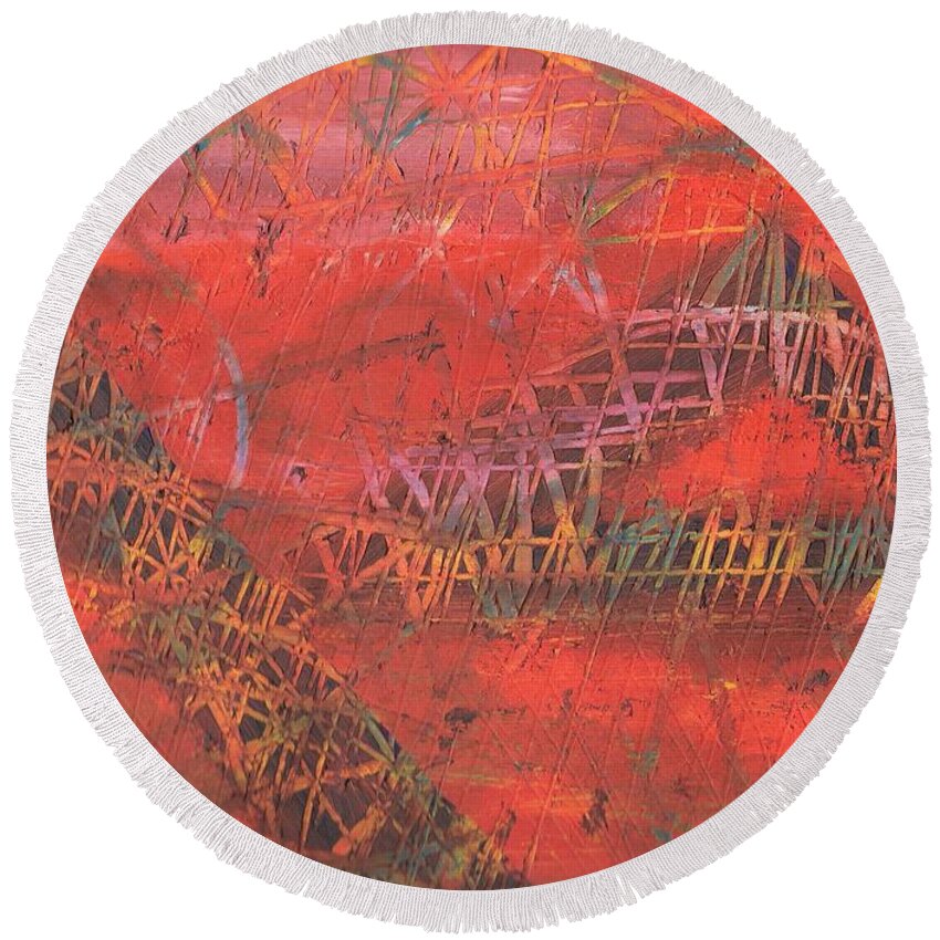 Red Round Beach Towel featuring the painting Clawing through the Process by Esoteric Gardens KN