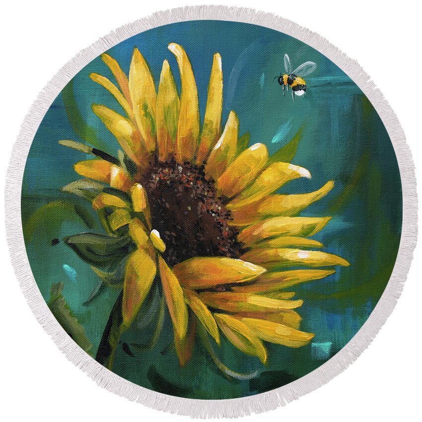 Summer Round Beach Towel featuring the painting Cleared for Landing - Sunflower painting by Annie Troe