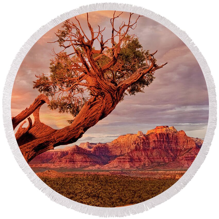 Dave Welling Round Beach Towel featuring the photograph Clearing Storm And West Temple South Of Zion National Park by Dave Welling