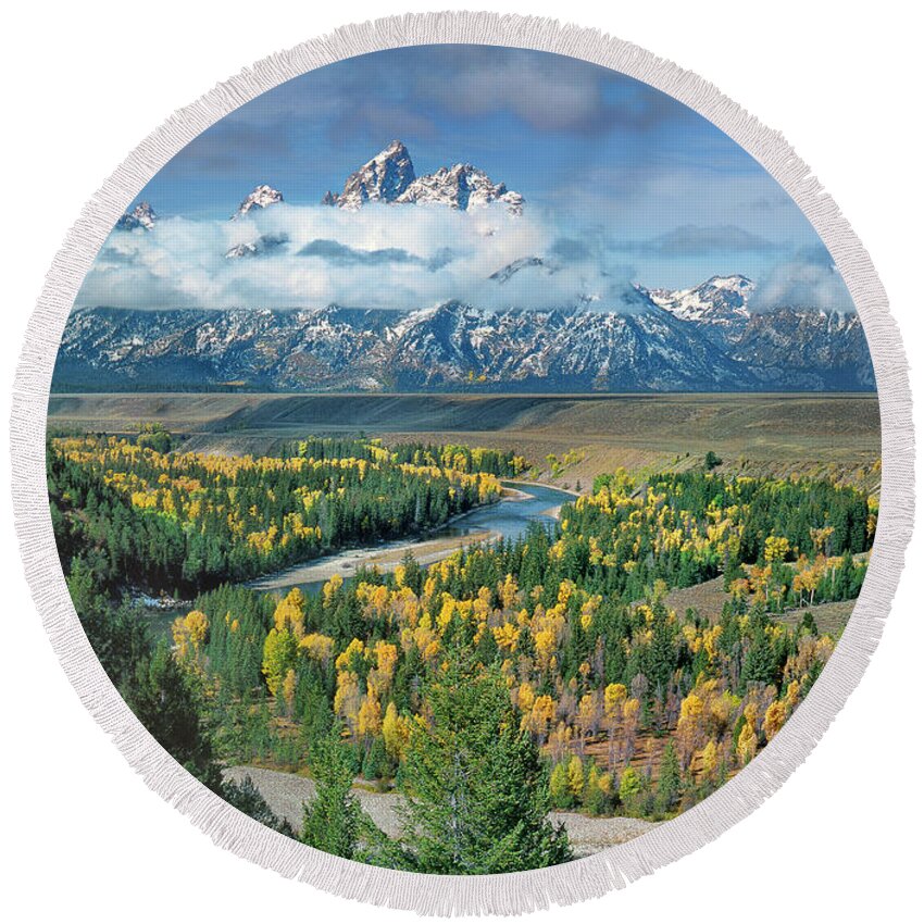 Dave Welling Round Beach Towel featuring the photograph Clearing Storm Snake River Overlook Grand Tetons Np by Dave Welling