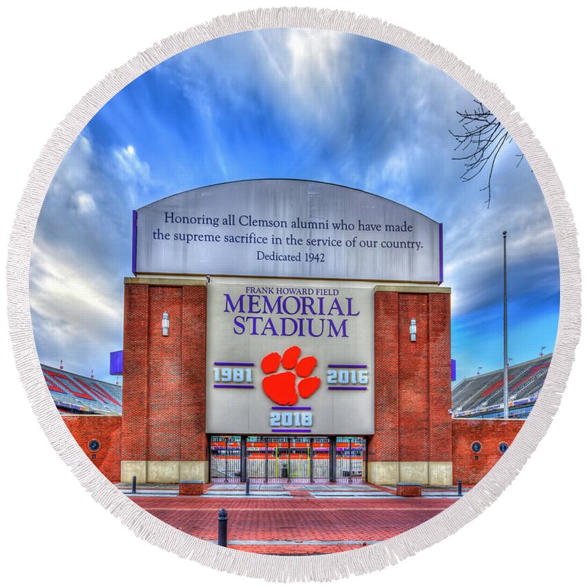 Reid Callaway Clemson Tigers Football Images Round Beach Towel featuring the photograph Clemson University Death Valley Sign Clemson Tigers Football Architectural Art by Reid Callaway