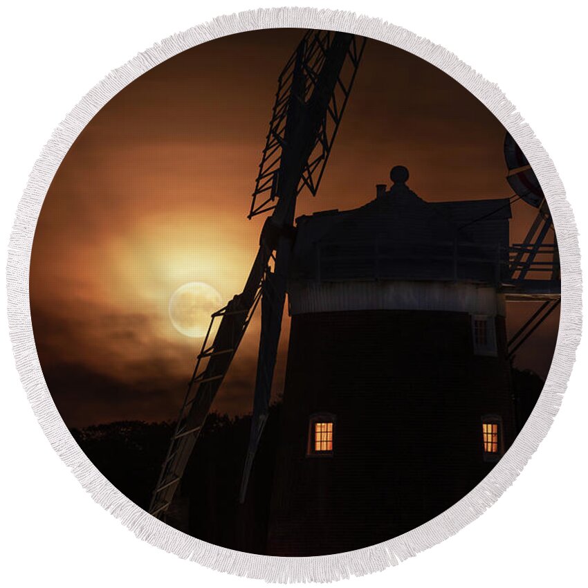 Cley Round Beach Towel featuring the photograph Cley windmill and harvest moon at night in Norfolk by Simon Bratt